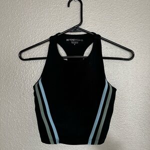 Beyond Yoga Black Racerback Crop with Blue and Green Stripes
